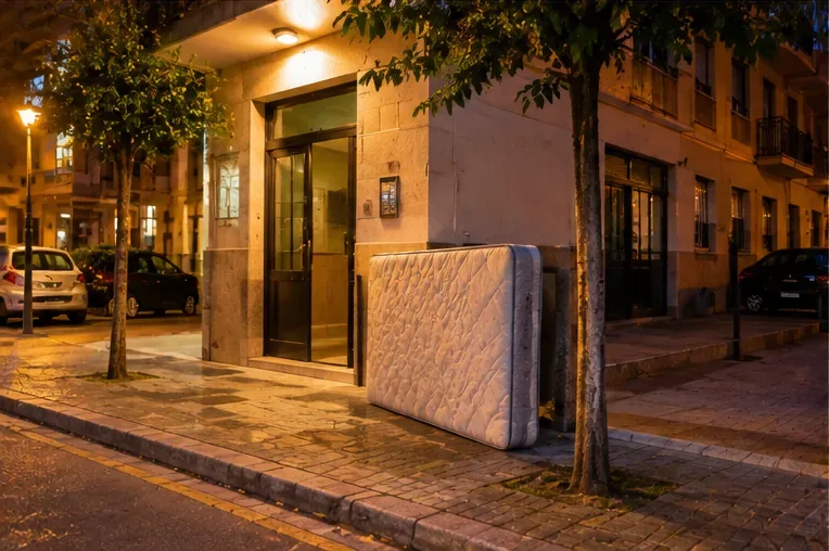 Colchón colocado de pie junto a la fachada de un edificio durante la franja nocturna de recogida