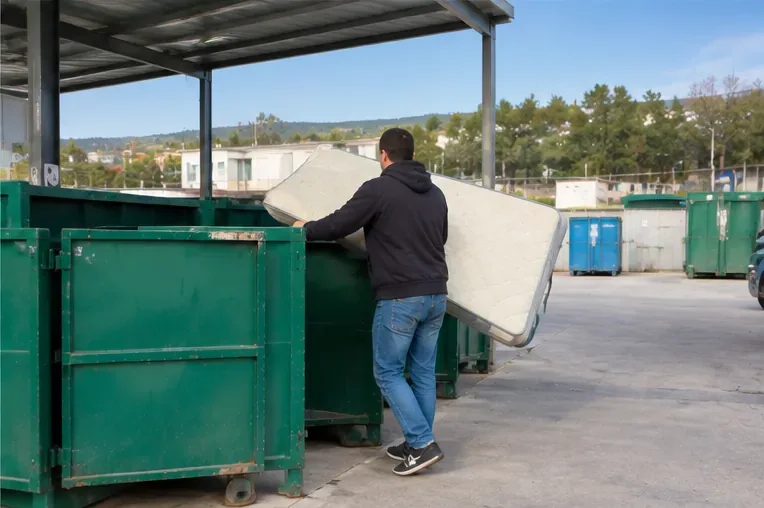 Persona depositando un colchón en un contenedor de gran tamaño dentro de una instalación de reciclaje