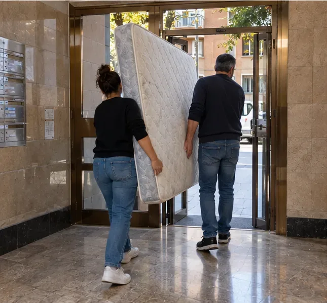 Dos personas trasladando un colchón por el portal de un edificio residencial