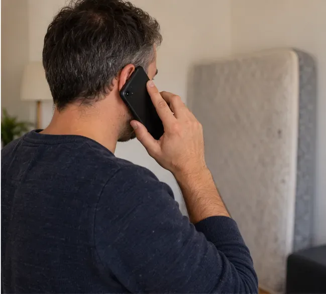 Persona hablando por teléfono junto a un colchón preparado para su retirada