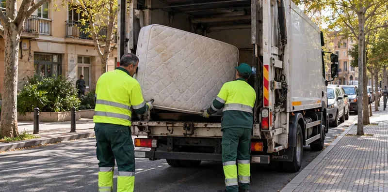 Personal de recogida carga un colchón en un camión municipal de voluminosos desde la calle
