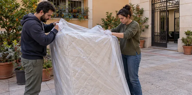 Dos personas protegen y sujetan un colchón para prepararlo para el traslado