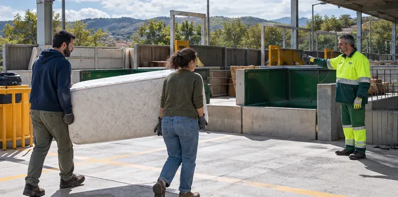 Dos personas trasladan un colchón protegido hacia la zona de recepción de un centro municipal de residuos voluminosos