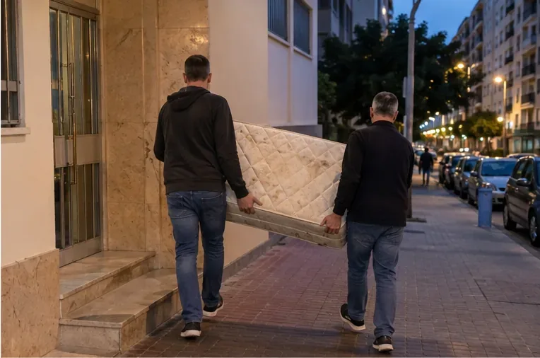 Dos personas trasladan un colchón usado por una acera al anochecer para llevarlo al punto de depósito autorizado
