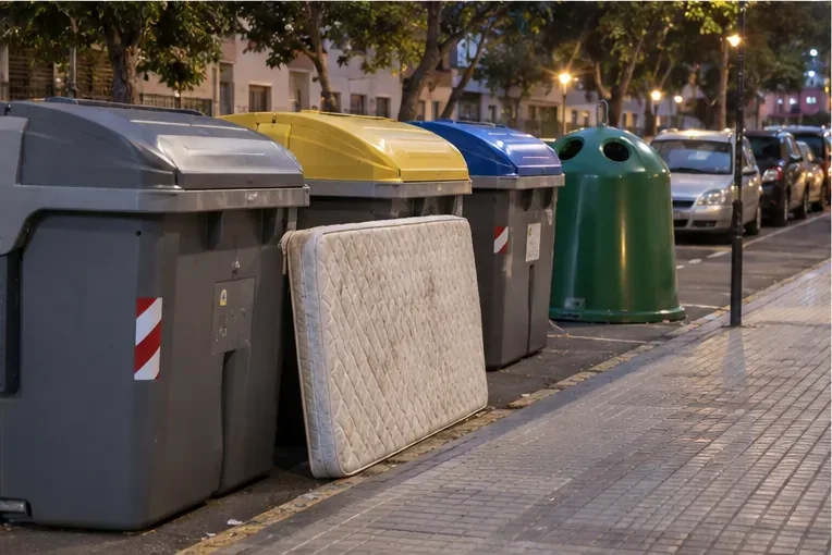 Un colchón colocado de forma ordenada junto a una isla de contenedores en una calle residencial durante la tarde-noche