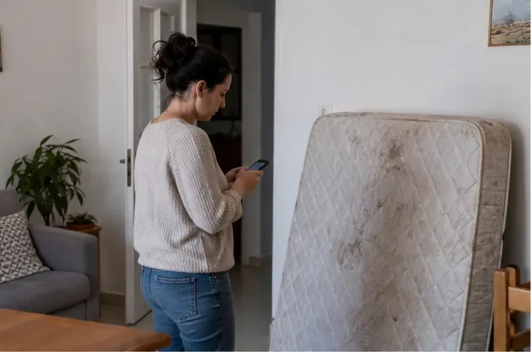 Una persona consulta el móvil junto a un colchón usado dentro de una vivienda antes de solicitar la recogida municipal