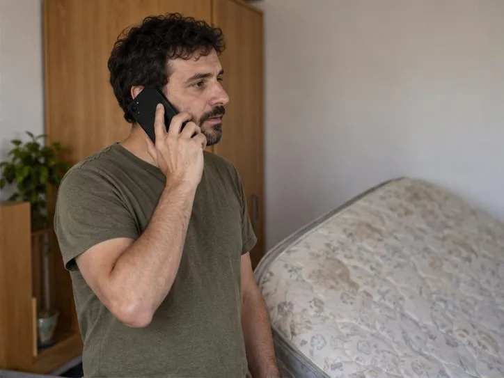 Un vecino llama por teléfono junto a un colchón para consultar cómo solicitar su recogida