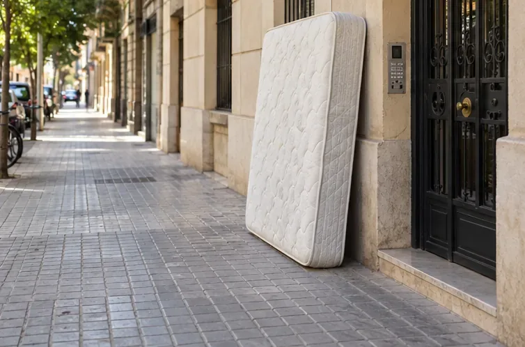 Un colchón apoyado junto a la entrada de un edificio sobre una acera amplia