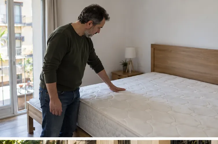 Un hombre comprueba el estado de un colchón usado en una habitación antes de prepararlo para su retirada