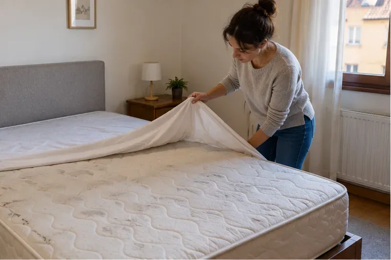 Persona retirando la ropa de cama de un colchón antes de prepararlo para su retirada