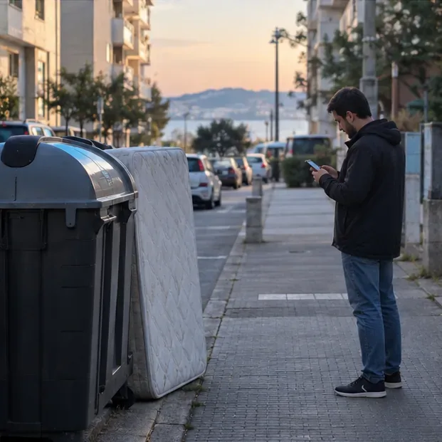 Un colchón preparado junto a un contenedor y una persona consulta su teléfono al anochecer
