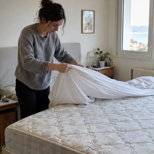 Una persona retira la ropa de cama para revisar un colchón antes de solicitar su retirada
