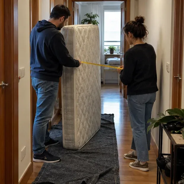 Dos personas miden un colchón y despejan el pasillo para poder sacarlo de una vivienda