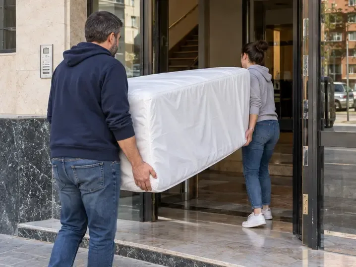Dos personas llevan con cuidado un colchón cubierto por el portal de un edificio residencial