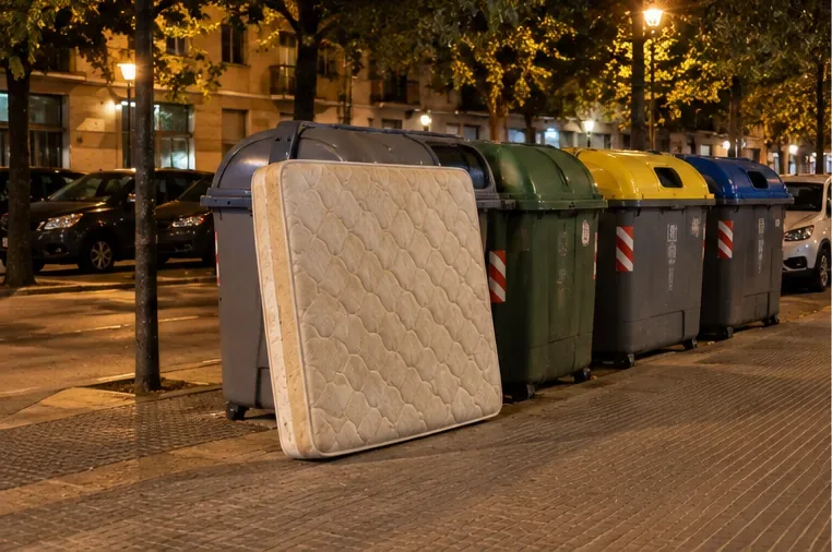 Colchón colocado por la noche junto a una zona de contenedores urbanos, listo para la recogida de voluminosos