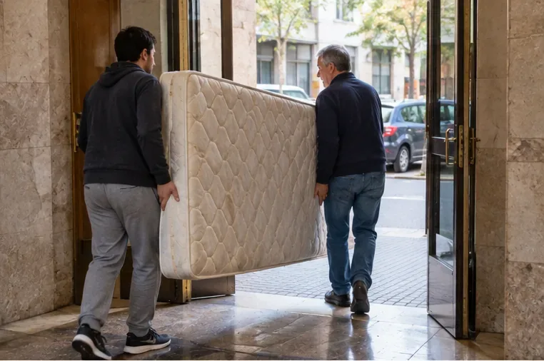 Dos personas trasladando un colchón grande desde el interior de un edificio hacia la calle