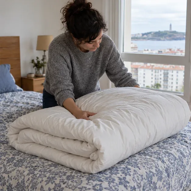 Una mujer extiende y examina un edredón blanco sobre una cama junto a una ventana.