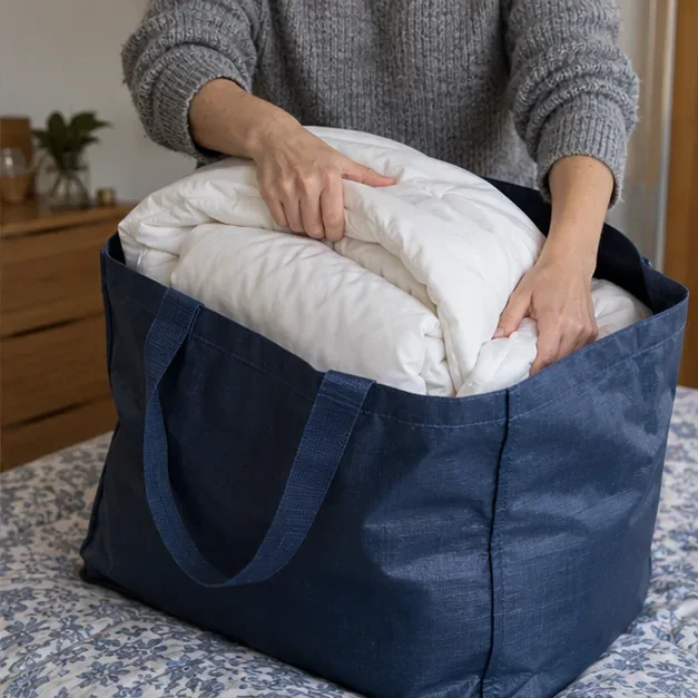 Unas manos doblan un edredón blanco y lo colocan en una bolsa azul amplia.