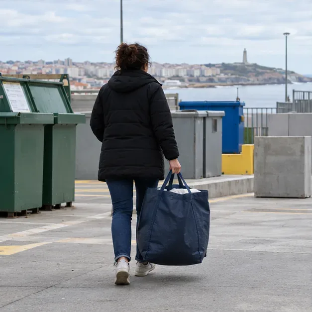 Una persona camina con una bolsa de tela azul hacia varios contenedores en una zona exterior.