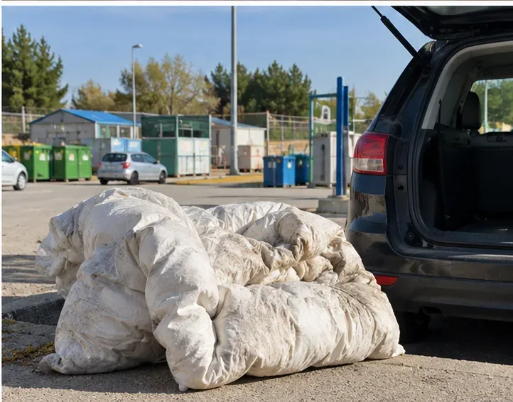 Edredón muy deteriorado junto a un coche en la entrada de una instalación de recogida de residuos