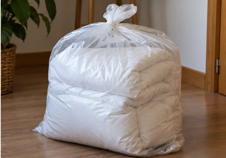 Edredón blanco plegado dentro de una bolsa transparente cerrada