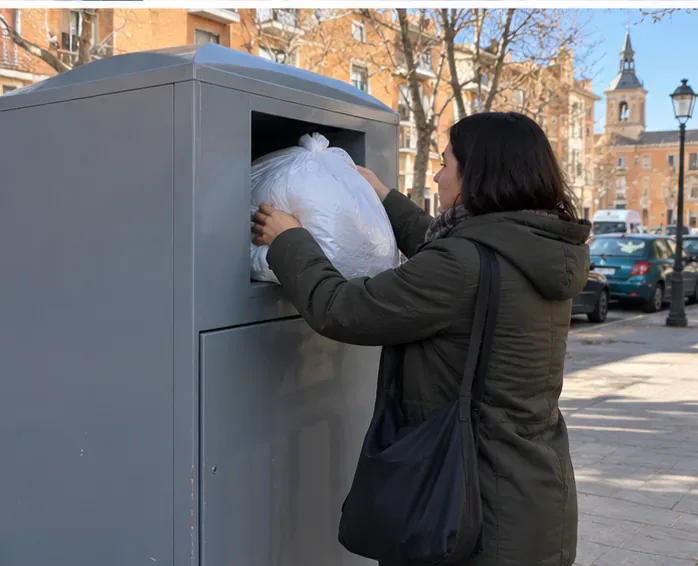 Persona introduciendo una bolsa con un edredón plegado en un contenedor urbano para textiles