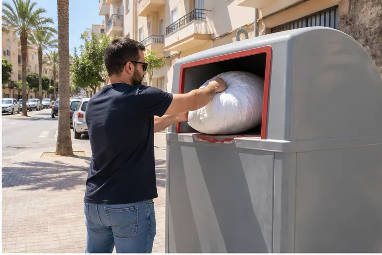 Un hombre introduce una bolsa con un edredón en la abertura de un contenedor específico de textil en una calle urbana