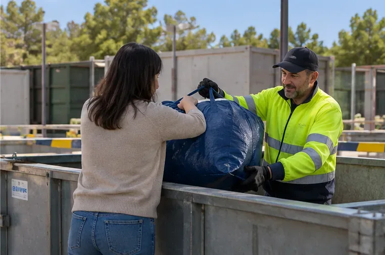 Usuaria entregando una bolsa azul grande a un operario con chaleco de alta visibilidad junto a contenedores de una instalación de residuos