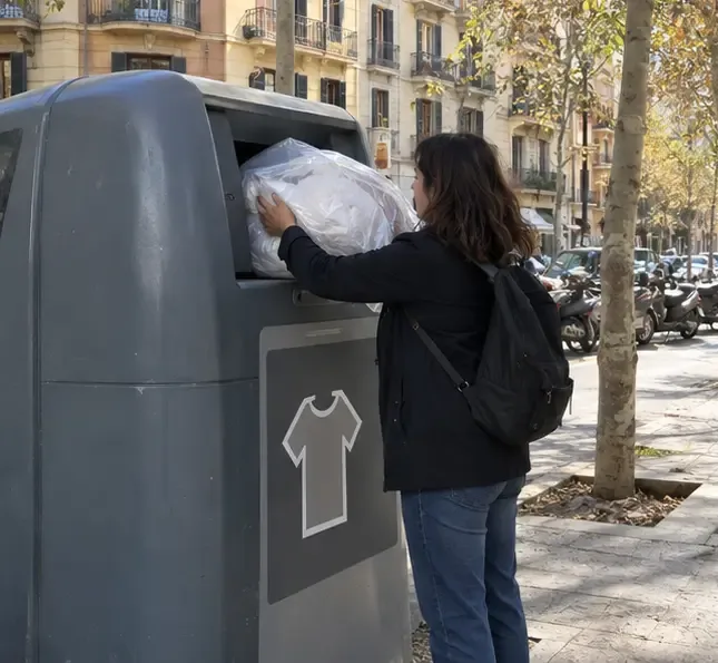 Una persona deposita una bolsa cerrada con un edredón en un contenedor textil de una calle de Barcelona