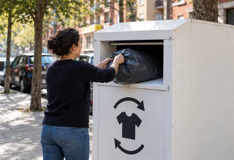 Una mujer deposita una bolsa con un edredón en un contenedor blanco identificado con un símbolo de ropa