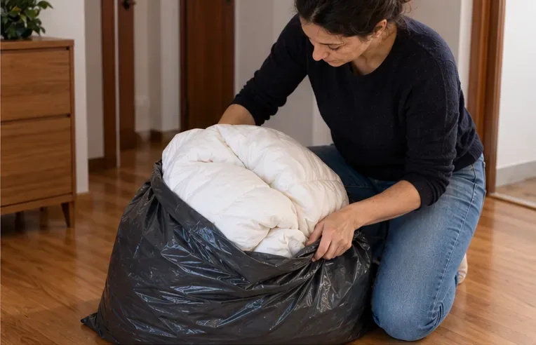 Una mujer introduce un edredón blanco doblado en una bolsa grande y resistente para transportarlo