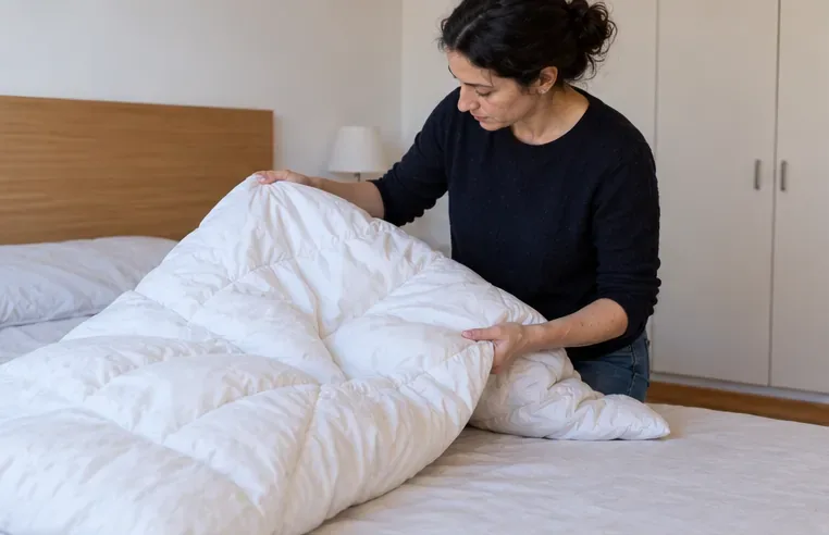 Una mujer revisa y pliega un edredón blanco sobre una cama antes de prepararlo para su entrega como residuo textil