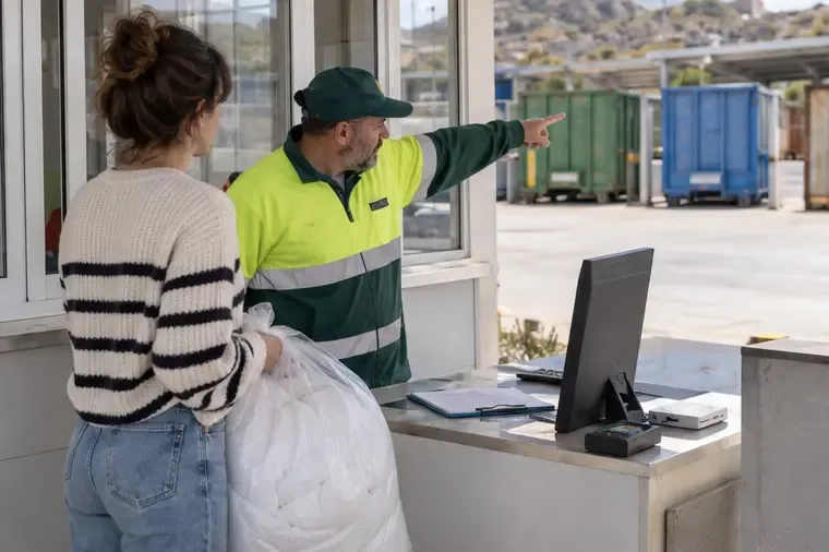 Trabajador de un punto limpio indicando la zona de entrega mientras recibe información sobre un edredón embolsado.