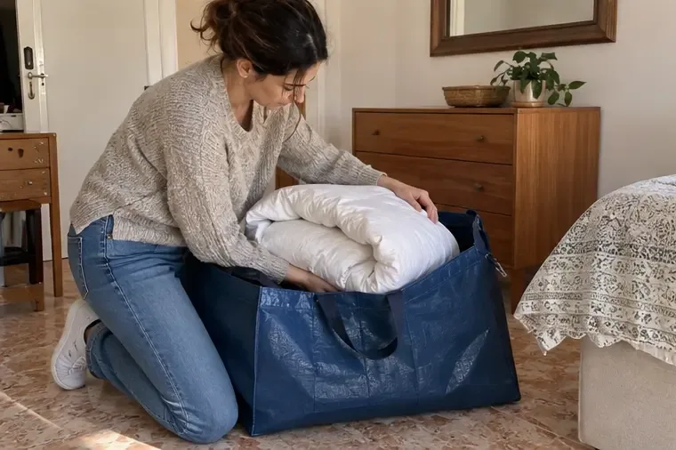 Edredón blanco seco y doblado dentro de una bolsa azul limpia para transportarlo sin mezclarlo con otros residuos.