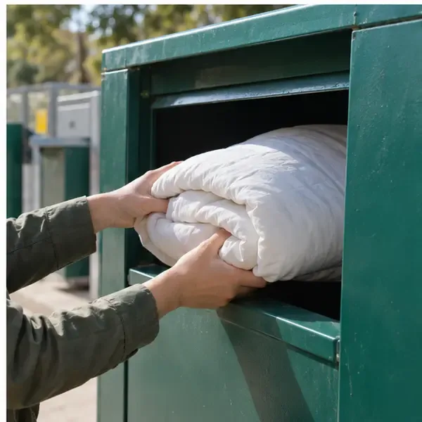 Manos que depositan un edredón doblado en un contenedor textil de un ecoparque