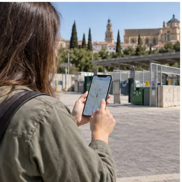 Persona que consulta un mapa en el móvil frente a un ecoparque de Córdoba