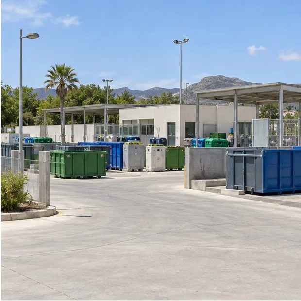 Vista exterior de un ecoparque con edificios de servicio, una barrera de acceso y contenedores de reciclaje de varios colores.