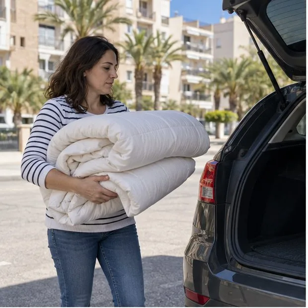 Una mujer lleva varios edredones blancos doblados hacia el maletero abierto de un coche.
