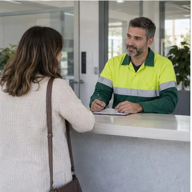 Una vecina conversa con un trabajador municipal en un mostrador de atención; no hay ningún edredón visible.