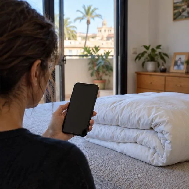 Una persona sostiene un teléfono junto a un edredón doblado sobre la cama; la pantalla no muestra texto legible.