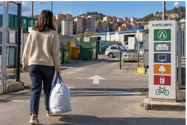 Una persona llega con un edredón embolsado a la entrada de un punto limpio municipal