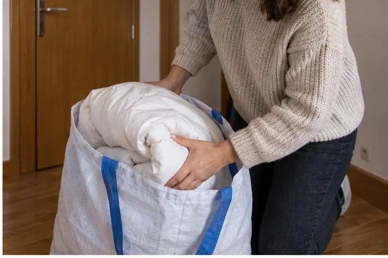 Una mujer introduce un edredón limpio y doblado en una bolsa resistente para trasladarlo sin ensuciarlo
