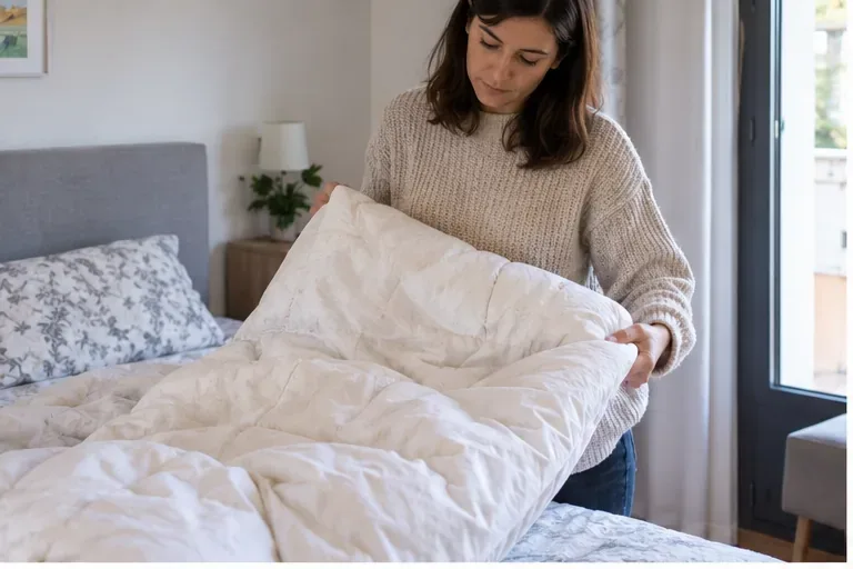 Una mujer revisa un edredón blanco sobre una cama para comprobar su estado antes de decidir cómo desecharlo