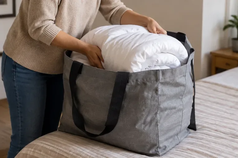 Una persona guarda un edredón blanco doblado dentro de una bolsa grande de tela en un dormitorio