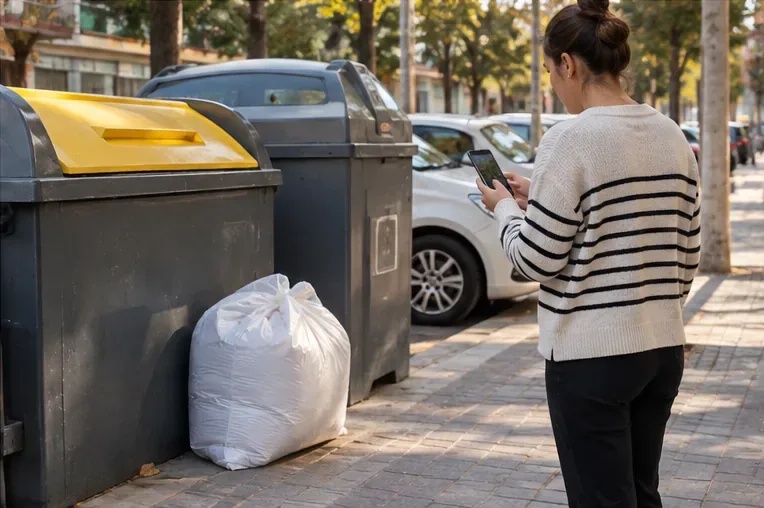Una mujer consulta el teléfono junto a contenedores urbanos mientras una bolsa grande con un edredón permanece preparada a un lado