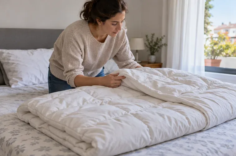 Una persona extiende un edredón sobre la cama y revisa su estado y limpieza antes de decidir cómo entregarlo
