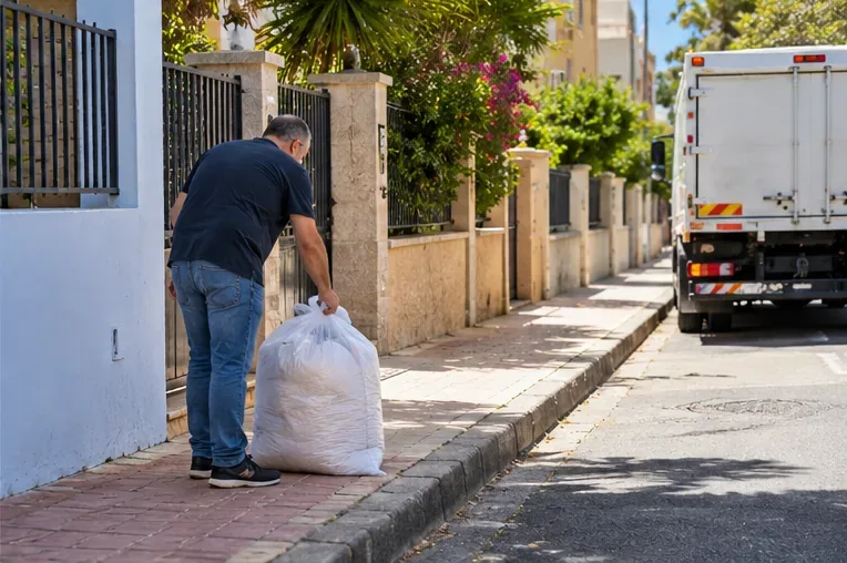 Persona colocando una bolsa grande con un edredón de forma ordenada junto al bordillo mientras se aproxima un vehículo de recogida
