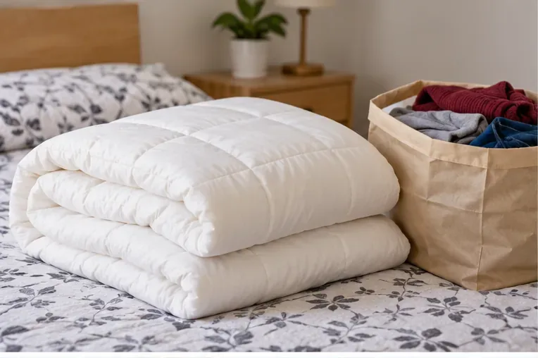 Edredón blanco doblado sobre una cama junto a una bolsa con ropa, preparado para decidir entre reutilización y gestión como residuo