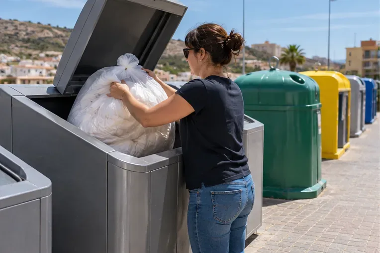 Persona introduciendo una bolsa con un edredón en una instalación de recogida separada junto a varios contenedores urbanos