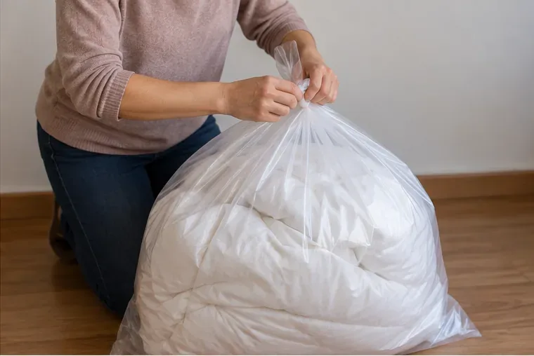 Persona introduciendo un edredón doblado en una bolsa de plástico transparente y cerrándola